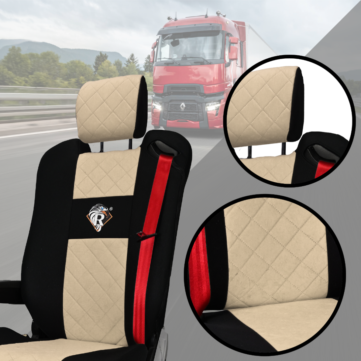Pokrowce na fotele Renault Gama T od 2014 kierowca z zagłówkiem, pasażer lotniczy 2 pasy  BEŻ SABA