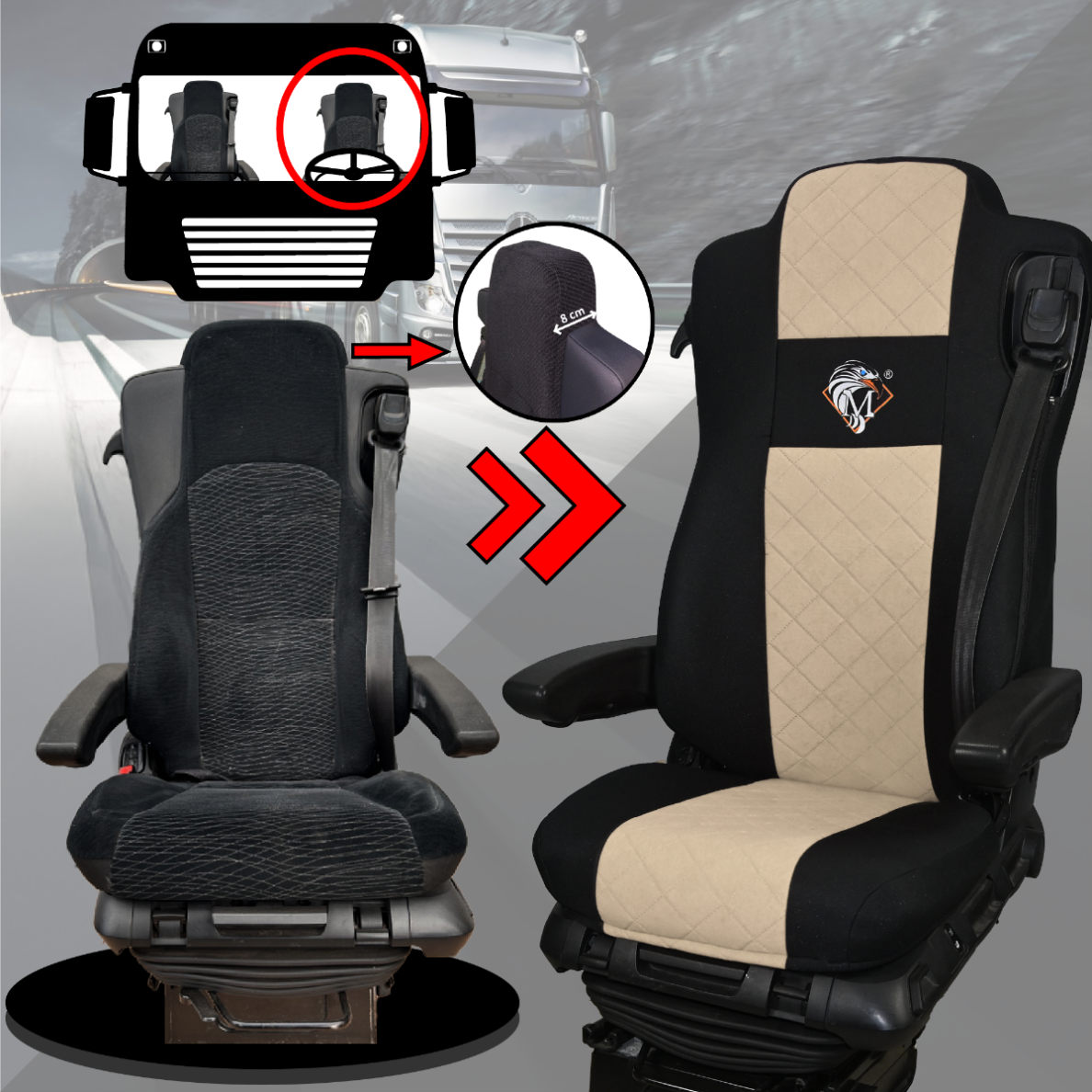 Pokrowce na fotele MERCEDES ACTROS MP4, AROX od 2011, MP5 od 2019 pasażer amortyzowany BEŻ SABA