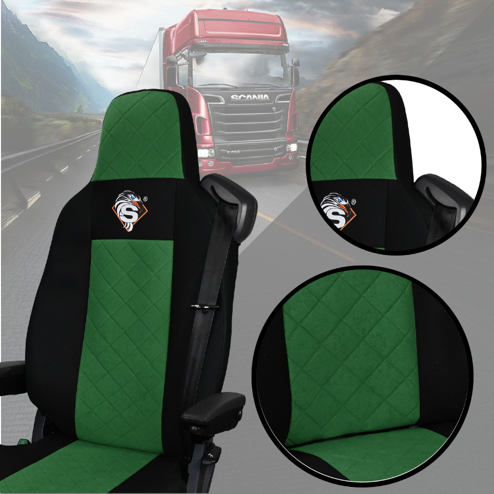 Pokrowce na fotele SCANIA seria R od 2013, seria S od 2017, fotele różne 2 pasy, fotel kierowcy PREMIUM, fotel pasażera BASIC - KONFIGURACJA E - ZIELONY SABA