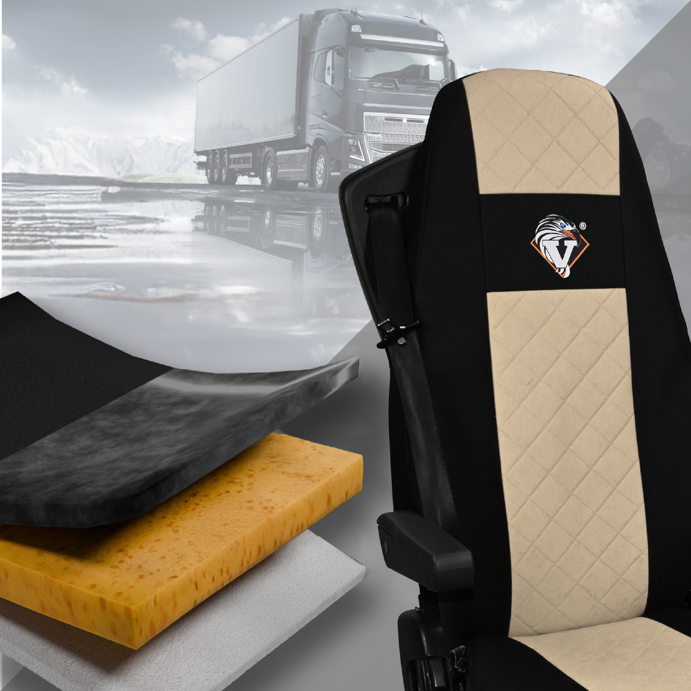 Pokrowce na fotele VOLVO FH4, FH, FH16, FMX, FM od 2013, FH5 od 2021, AERO od 2024 - 2 pasy BEŻ SABA