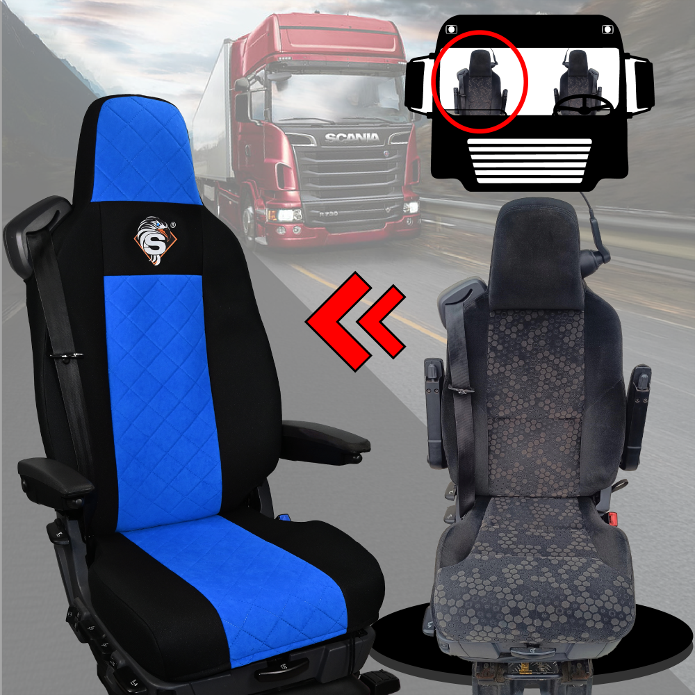 Pokrowce na fotele SCANIA seria R od 2013, seria S od 2017, fotele lotnicze 2 pasy, fotel kierowcy i pasażera PREMIUM - KONFIGURACJA D - NIEBIESKI SABA