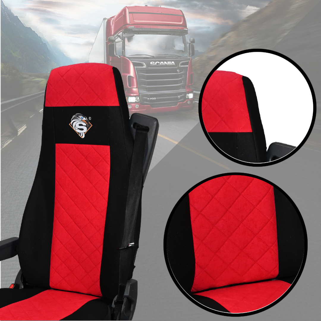 Pokrowce na fotele SCANIA seria R od 2004, 1+1, fotele lotnicze 2 pasy, fotel kierowcy i pasażera BASIC - KONFIGURACJA C - CZERWONY SABA