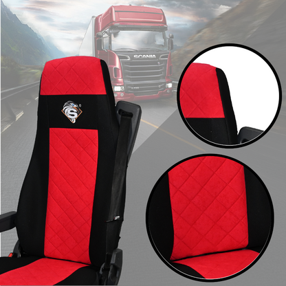 Pokrowce na fotele SCANIA seria R od 2004, 1+1, fotele lotnicze 2 pasy, fotel kierowcy i pasażera BASIC - KONFIGURACJA C - CZERWONY SABA