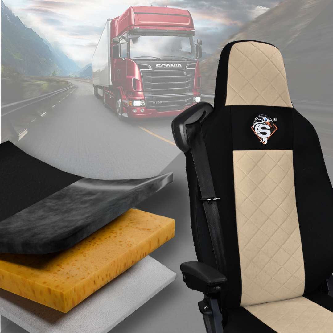Pokrowce na fotele SCANIA seria R od 2013, seria S od 2017, fotele lotnicze 2 pasy, fotel kierowcy i pasażera PREMIUM - KONFIGURACJA D - BEŻ SABA