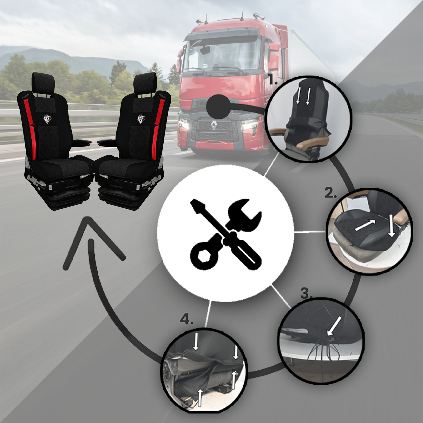 Pokrowce na fotele Renault Gama T od 2014 z zagłówkami regulowanymi 2 pasy CZARNY SABA