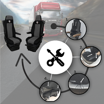 Pokrowce na fotele SCANIA seria R od 2013, seria S od 2017, fotele różne 2 pasy, fotel kierowcy PREMIUM, fotel pasażera BASIC - KONFIGURACJA E - SZARY SABA