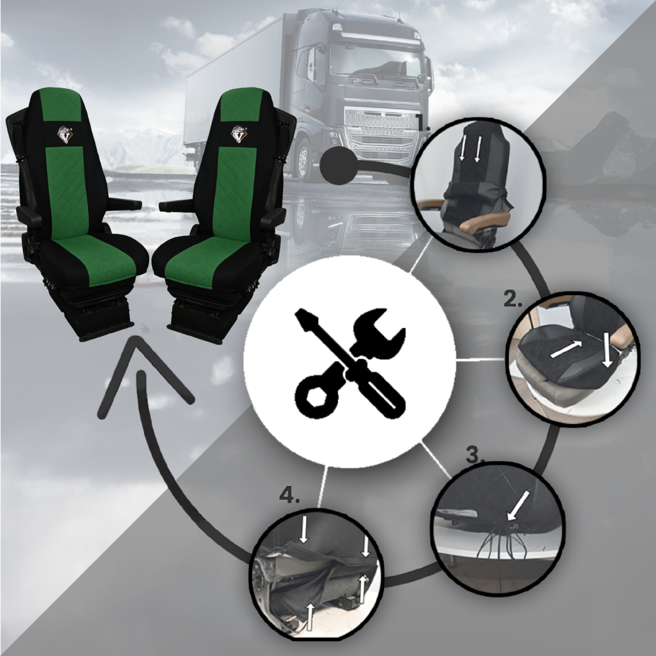 Pokrowce na fotele VOLVO FH4, FH, FH16, FMX, FM od 2013, FH5 od 2021, AERO od 2024 - 2 pasy ZIELONY SABA