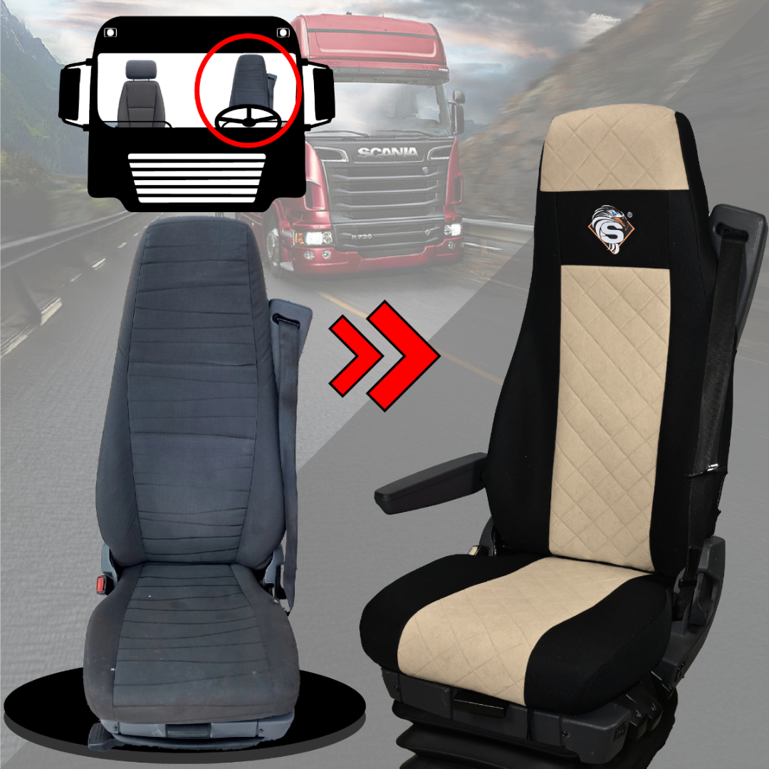 Pokrowce na fotele SCANIA seria R od 2004, 1+1, fotele różne 1 pas, fotel kierowcy BASIC - KONFIGURACJA A - BEŻ SABA