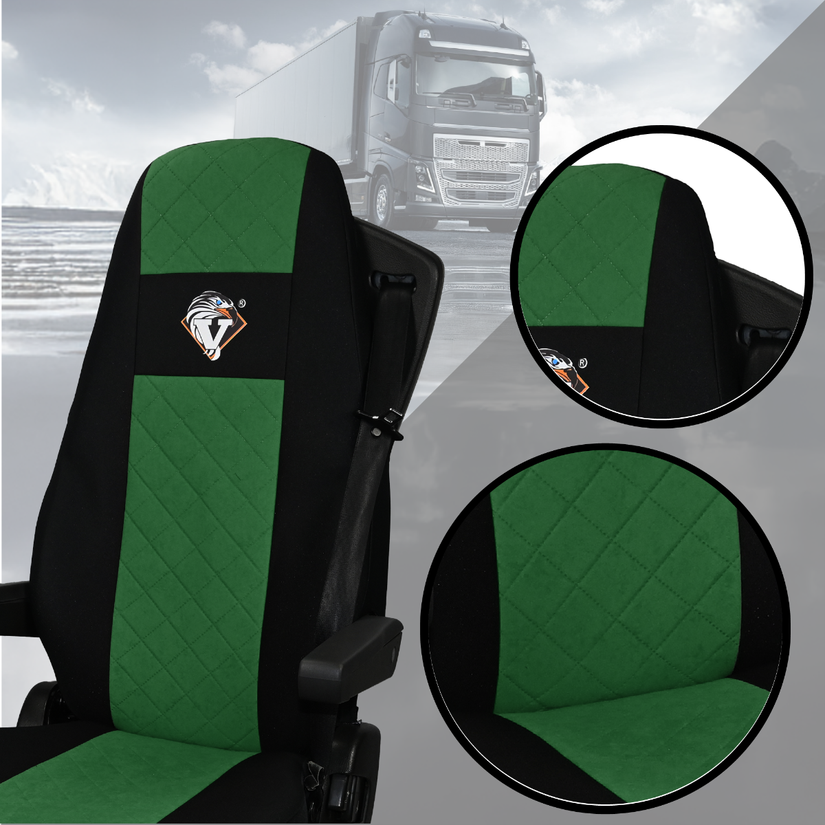 Pokrowce na fotele VOLVO FH4, FH, FH16, FMX, FM od 2013, FH5 od 2021, AERO od 2024 - 2 pasy ZIELONY SABA
