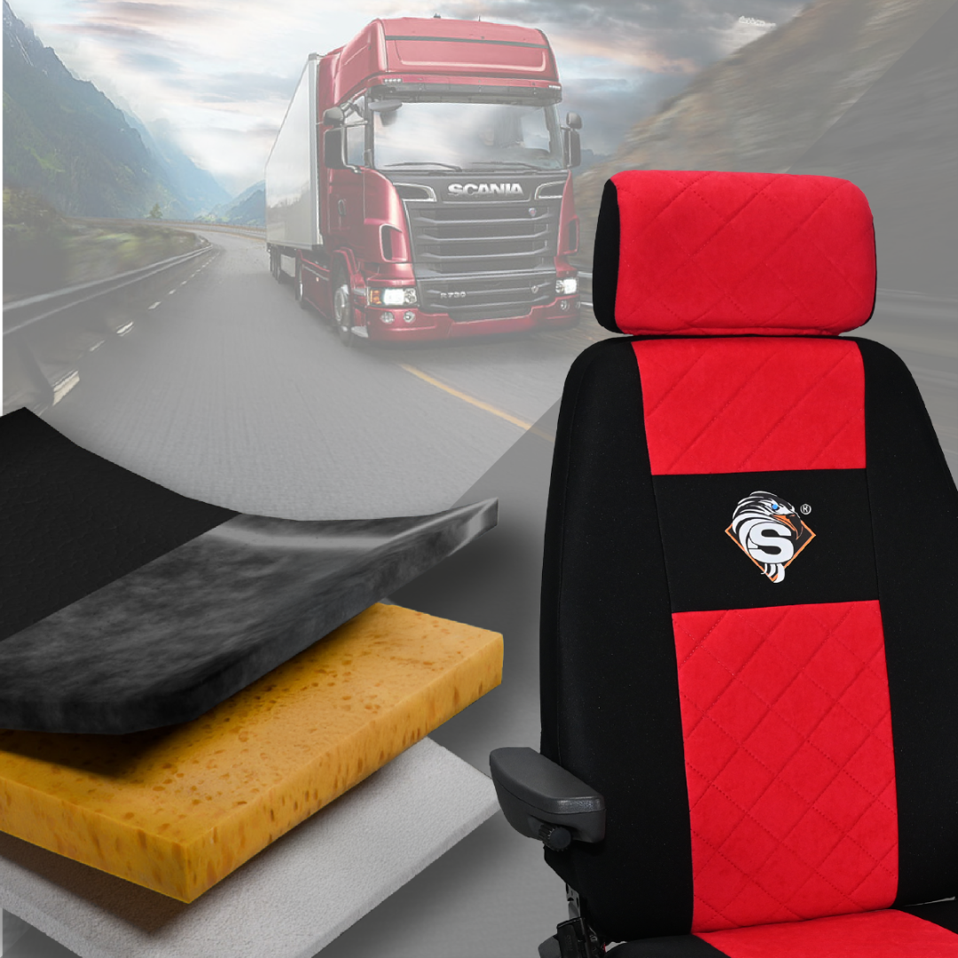 Pokrowce na fotele SCANIA seria R od 2004, 1+1, fotele różne 1 pas, fotel kierowcy BASIC - KONFIGURACJA A - CZERWONY SABA