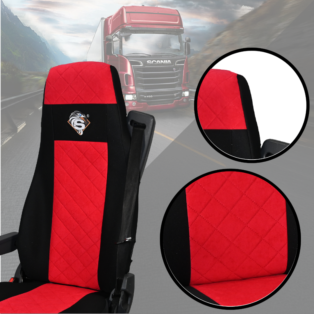 Pokrowce na fotele SCANIA seria R od 2004, 1+1, fotele różne 1 pas, fotel kierowcy BASIC - KONFIGURACJA A - CZERWONY SABA