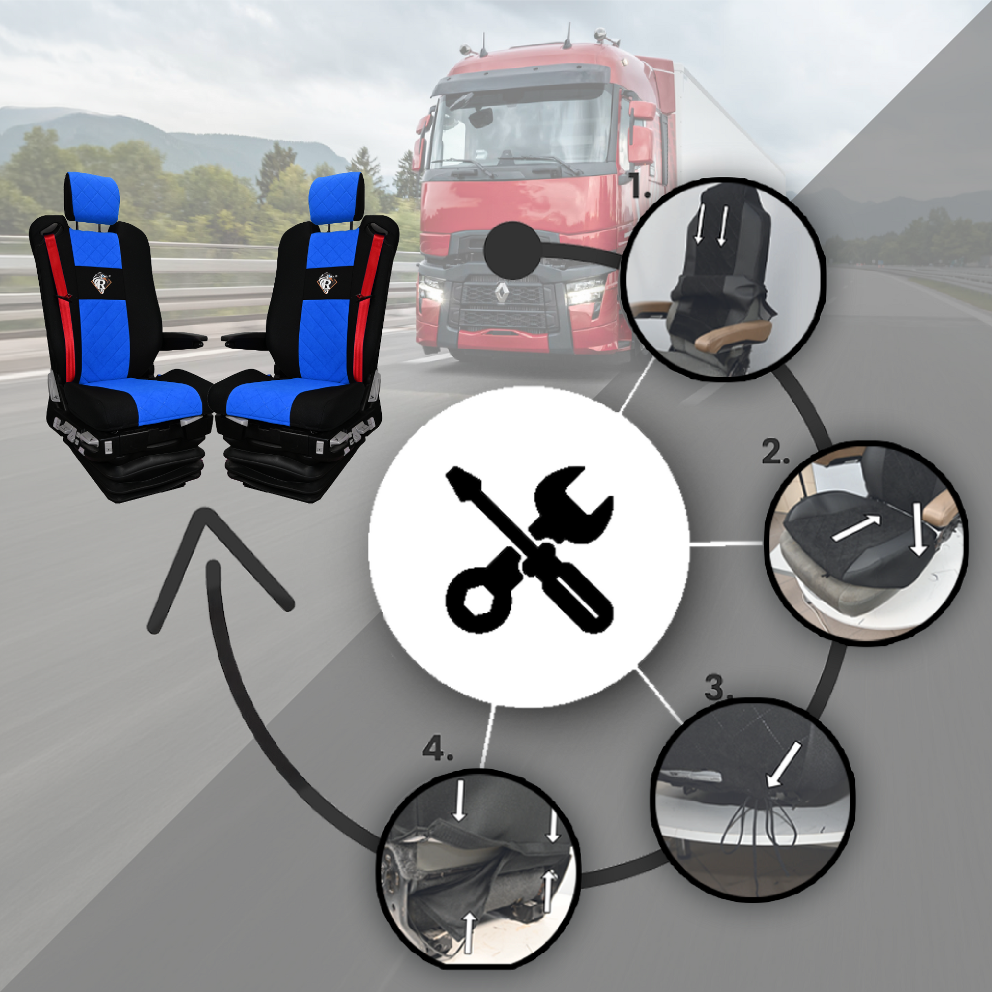 Pokrowce na fotele Renault Gama T od 2014 z zagłówkami regulowanymi 2 pasy NIEBIESKI SABA