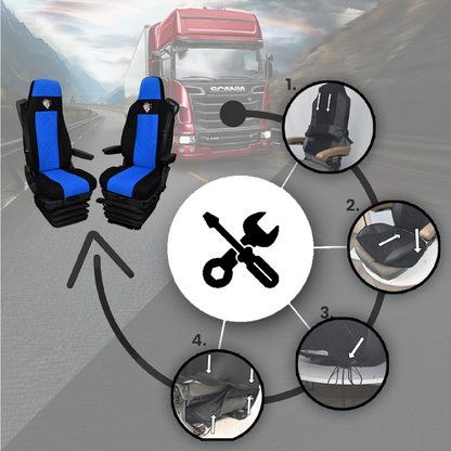 Pokrowce na fotele SCANIA seria R od 2013, seria S od 2017, fotele różne 2 pasy, fotel kierowcy PREMIUM, fotel pasażera BASIC - KONFIGURACJA E - NIEBIESKI SABA