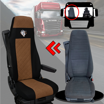 Pokrowce na fotele SCANIA seria R od 2013, seria S od 2017, fotele różne 2 pasy, fotel kierowcy PREMIUM, fotel pasażera BASIC - KONFIGURACJA E - BRĄZ SABA