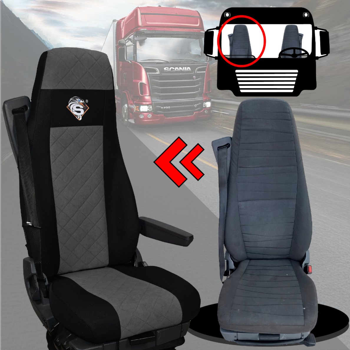 Pokrowce na fotele SCANIA seria R od 2004, 1+1, fotele lotnicze 2 pasy, fotel kierowcy i pasażera BASIC - KONFIGURACJA C - SZARY SABA