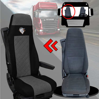 Pokrowce na fotele SCANIA seria R od 2004, 1+1, fotele lotnicze 2 pasy, fotel kierowcy i pasażera BASIC - KONFIGURACJA C - SZARY SABA