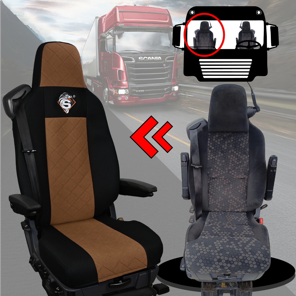 Pokrowce na fotele SCANIA seria R od 2013, seria S od 2017, fotele lotnicze 2 pasy, fotel kierowcy i pasażera PREMIUM - KONFIGURACJA D - BRĄZOWY SABA