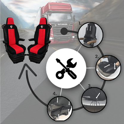 Pokrowce na fotele SCANIA seria R od 2013, seria S od 2017, fotele lotnicze 2 pasy, fotel kierowcy i pasażera PREMIUM - KONFIGURACJA D - CZERWONY SABA