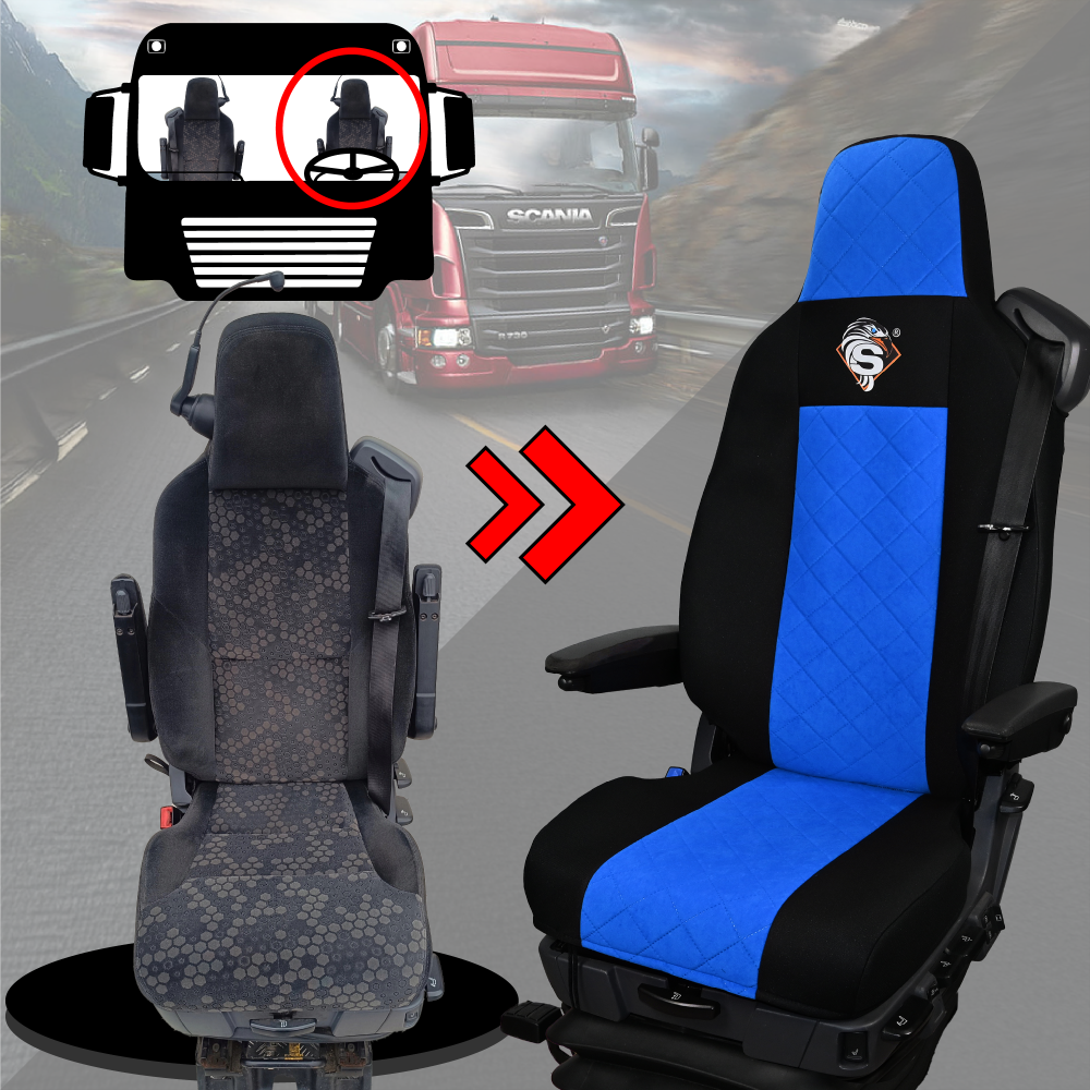 Pokrowce na fotele SCANIA seria R od 2013, seria S od 2017, fotele lotnicze 2 pasy, fotel kierowcy i pasażera PREMIUM - KONFIGURACJA D - NIEBIESKI SABA