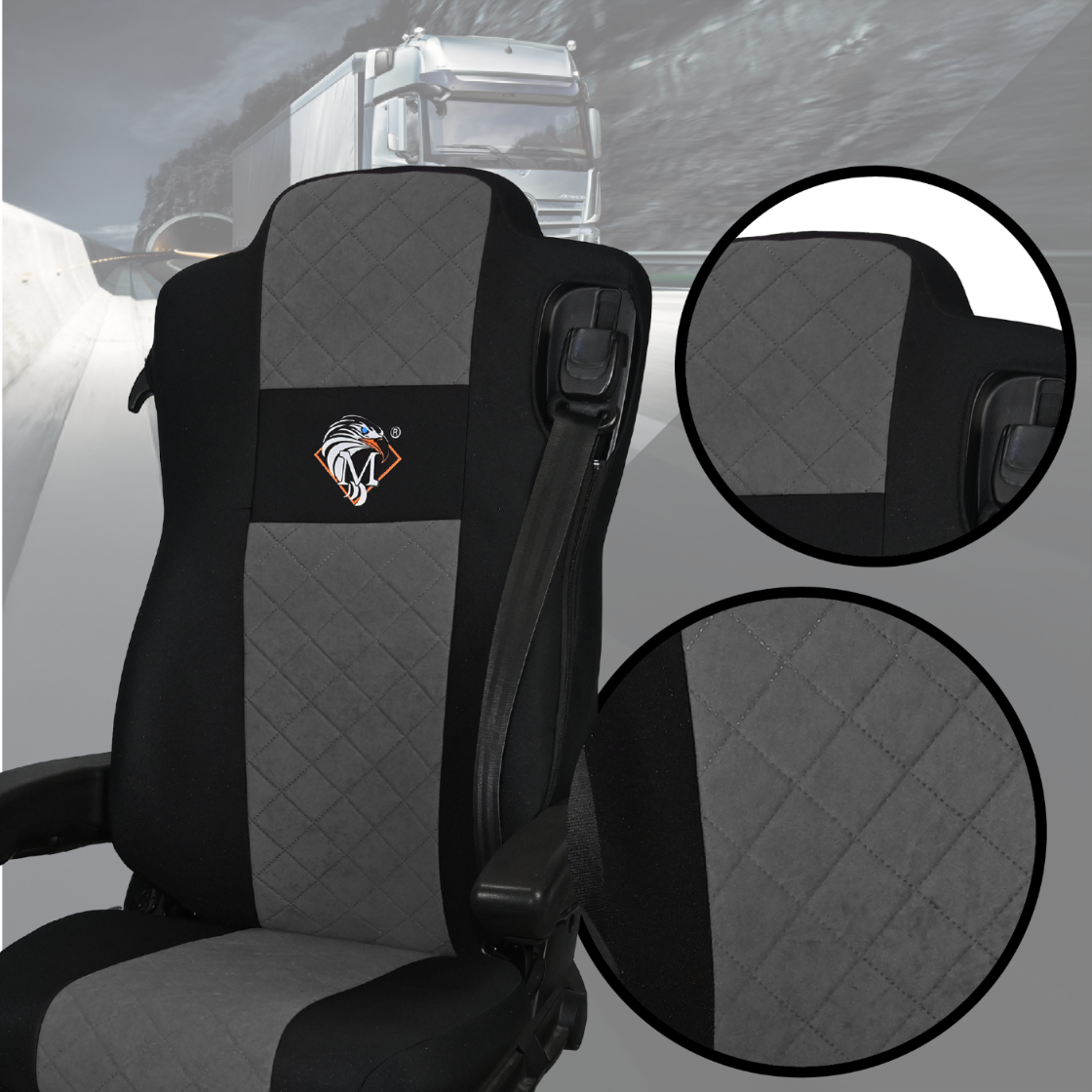 Pokrowce na fotele MERCEDES ACTROS MP4, AROX od 2011, MP5 od 2019 pasażer nieamortyzowany SZARE SABA