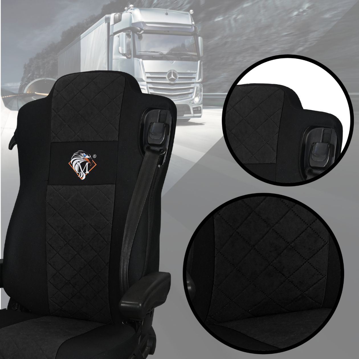 Pokrowce na fotele MERCEDES ACTROS MP4, AROX od 2011, MP5 od 2019 pasażer amortyzowany CZARNY SABA