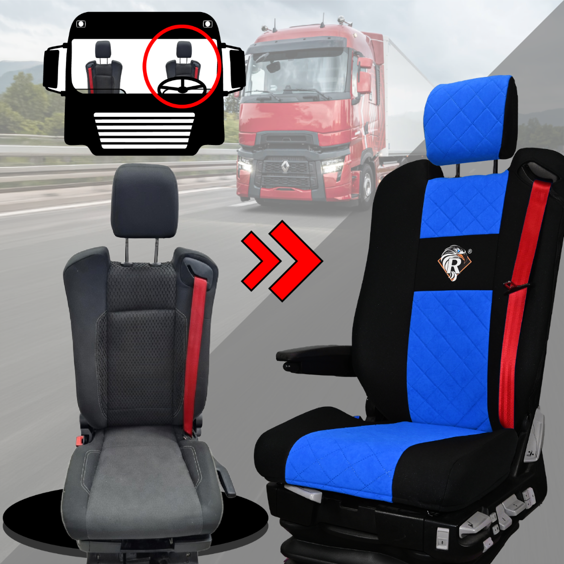 Pokrowce na fotele Renault Gama T od 2014 z zagłówkami regulowanymi 2 pasy NIEBIESKI SABA
