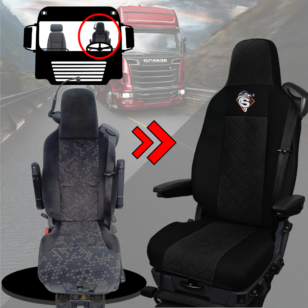 Pokrowce na fotele SCANIA seria R od 2013, seria S od 2017, fotele różne 1pas, fotel kierowcy PREMIUM - KONFIGURACJA B - CZARNY SABA