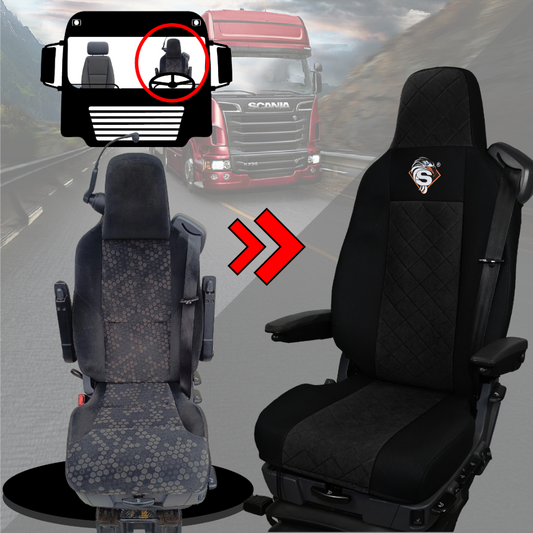 Pokrowce na fotele SCANIA seria R od 2013, seria S od 2017, fotele różne 1pas, fotel kierowcy PREMIUM - KONFIGURACJA B - CZARNY SABA