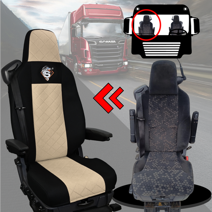 Pokrowce na fotele SCANIA seria R od 2013, seria S od 2017, fotele lotnicze 2 pasy, fotel kierowcy i pasażera PREMIUM - KONFIGURACJA D - BEŻ SABA