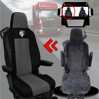Pokrowce na fotele SCANIA seria R od 2013, seria S od 2017, fotele lotnicze 2 pasy, fotel kierowcy i pasażera PREMIUM - KONFIGURACJA D - SZARY SABA
