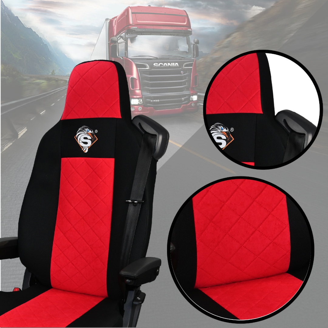 Pokrowce na fotele SCANIA seria R od 2013, seria S od 2017, fotele lotnicze 2 pasy, fotel kierowcy i pasażera PREMIUM - KONFIGURACJA D - CZERWONY SABA
