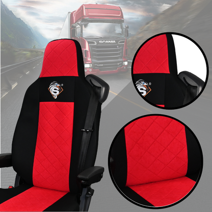 Pokrowce na fotele SCANIA seria R od 2013, seria S od 2017, fotele lotnicze 2 pasy, fotel kierowcy i pasażera PREMIUM - KONFIGURACJA D - CZERWONY SABA