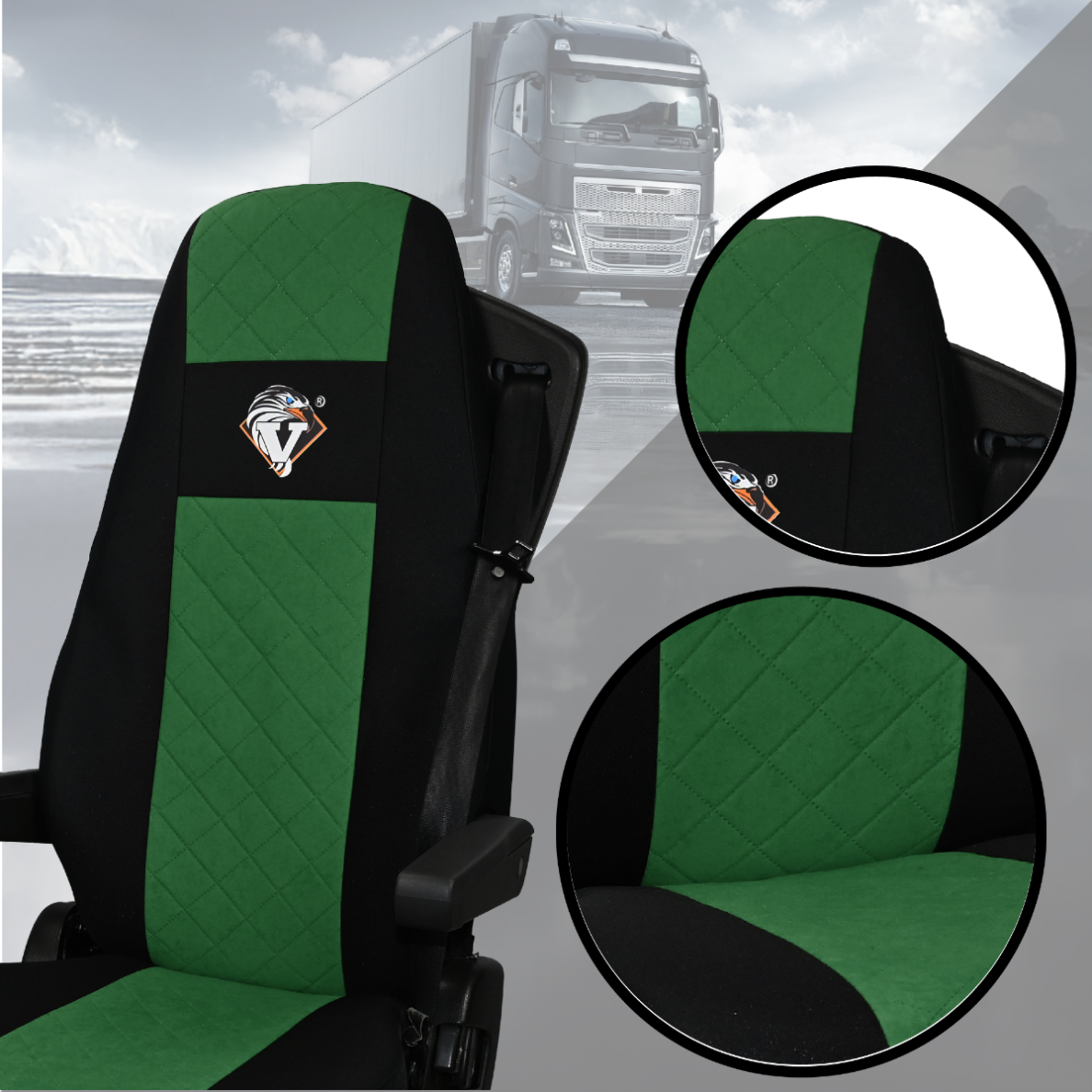 Pokrowce na fotele VOLVO FH4, FH, FH16, FMX, FM od 2013, FH5 od 2021, AERO od 2024 - 1 pas ZIELONY SABA