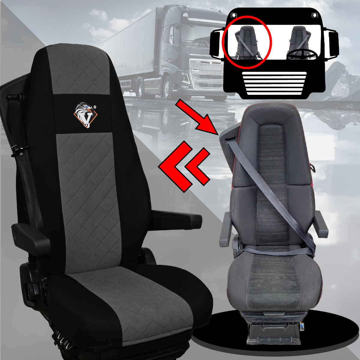 Pokrowce na fotele VOLVO FH 4, FH5 od 2021, AERO od 2024 UNIVERSAL SZARE SABA