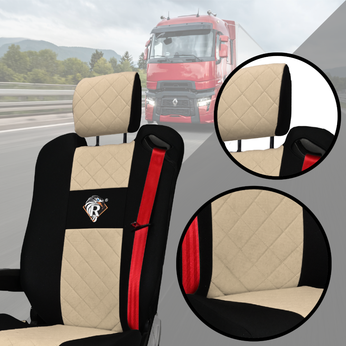Pokrowce na fotele Renault Gama T od 2014 z zagłówkami regulowanymi 2 pasy BEŻ SABA