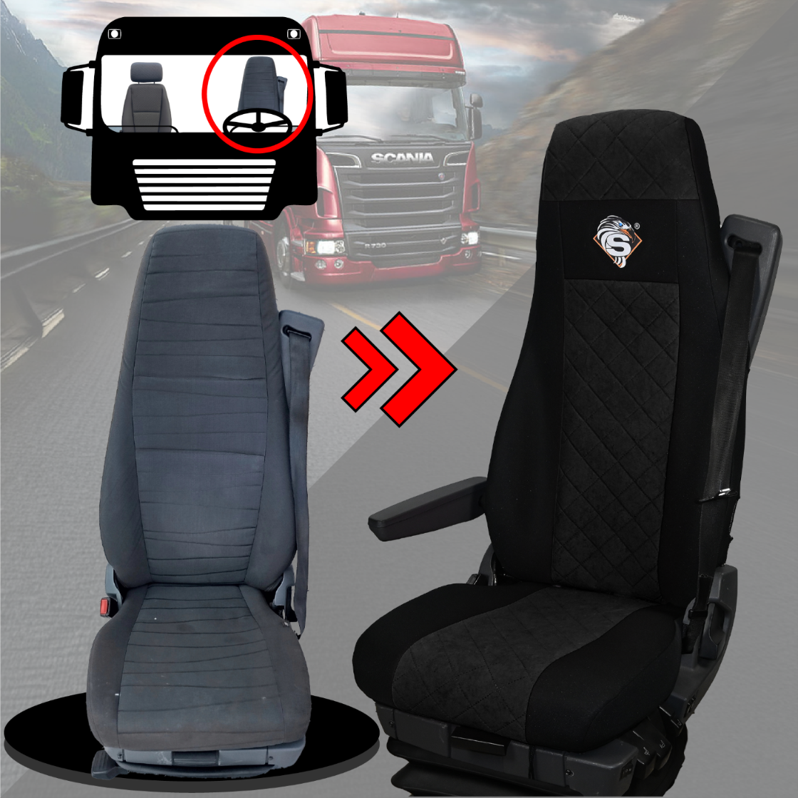 Pokrowce na fotele SCANIA seria R od 2004, 1+1, fotele różne 1 pas, fotel kierowcy BASIC - KONFIGURACJA A - CZARNY SABA