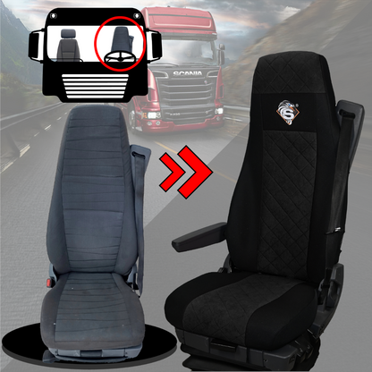 Pokrowce na fotele SCANIA seria R od 2004, 1+1, fotele różne 1 pas, fotel kierowcy BASIC - KONFIGURACJA A - CZARNY SABA