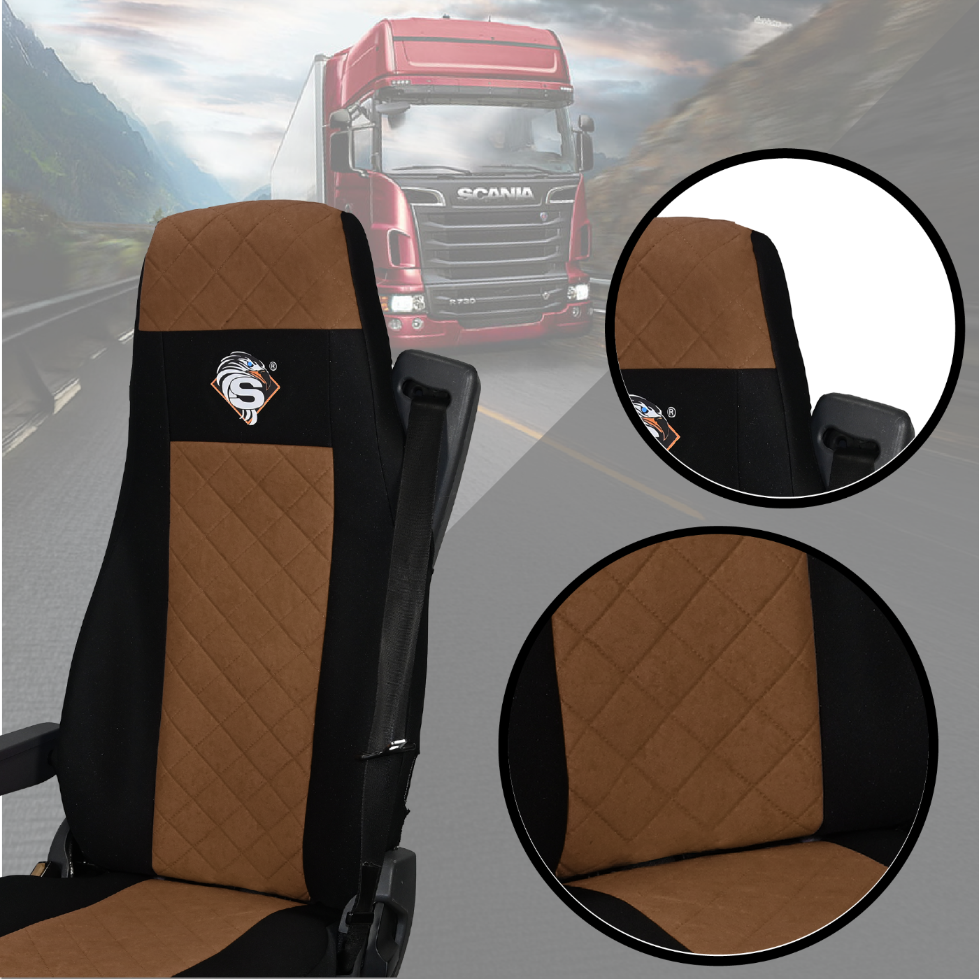 Pokrowce na fotele SCANIA seria R od 2004, 1+1, fotele lotnicze 2 pasy, fotel kierowcy i pasażera BASIC - KONFIGURACJA C - BRĄZ SABA
