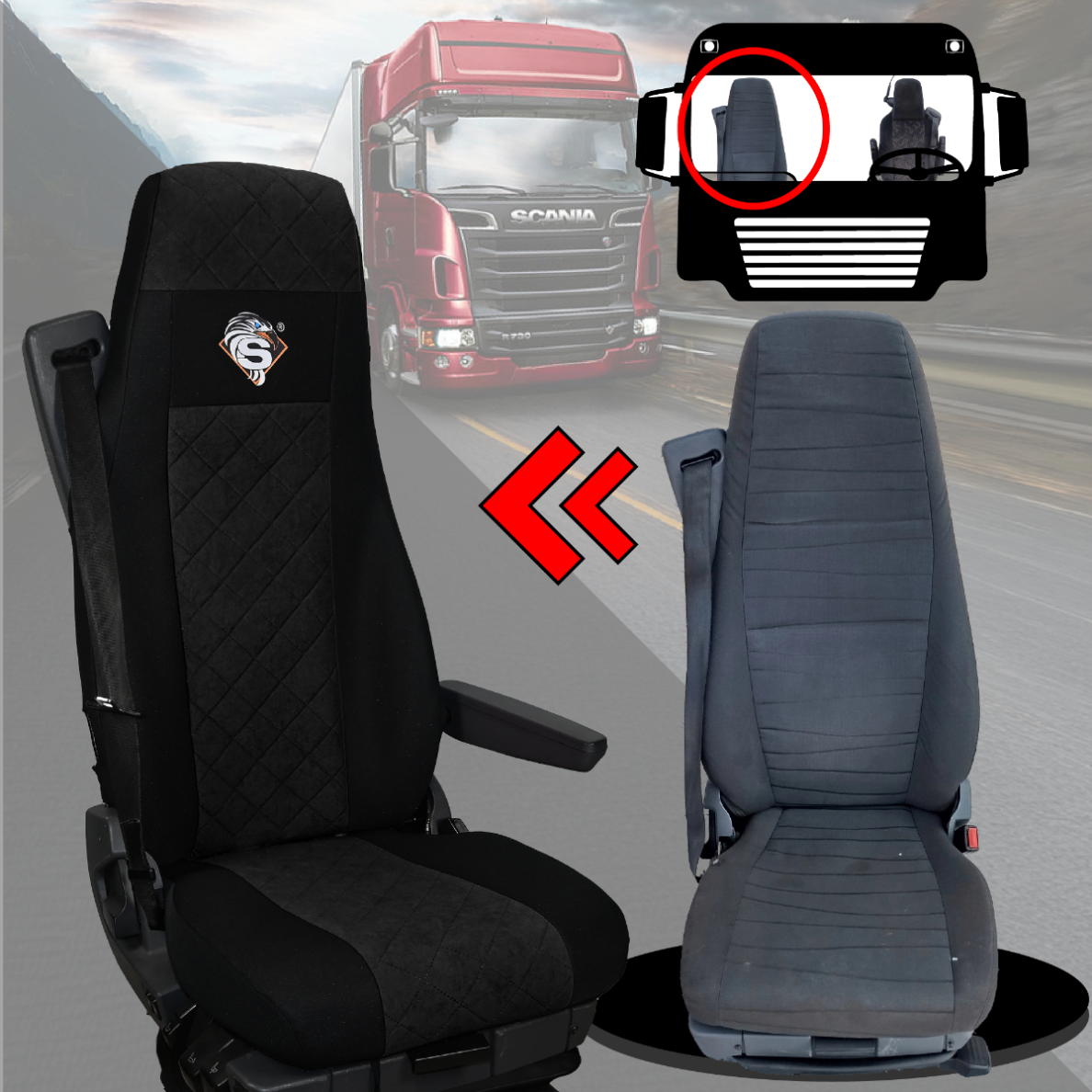 Pokrowce na fotele SCANIA seria R od 2013, seria S od 2017, fotele różne 2 pasy, fotel kierowcy PREMIUM, fotel pasażera BASIC - KONFIGURACJA E - CZARNY SABA