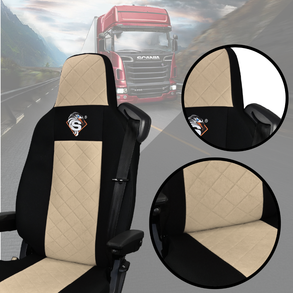 Pokrowce na fotele SCANIA seria R od 2013, seria S od 2017, fotele lotnicze 2 pasy, fotel kierowcy i pasażera PREMIUM - KONFIGURACJA D - BEŻ SABA