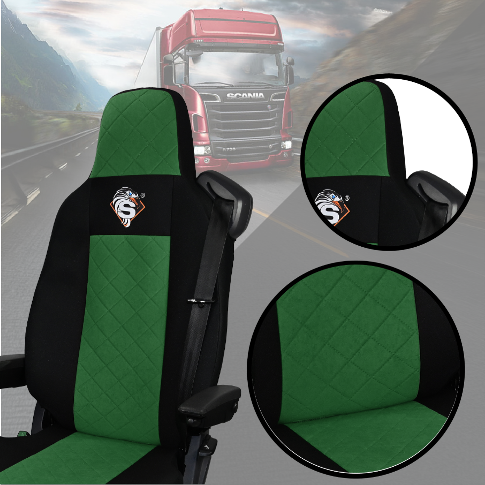 Pokrowce na fotele SCANIA seria R od 2013, seria S od 2017, fotele lotnicze 2 pasy, fotel kierowcy i pasażera PREMIUM - KONFIGURACJA D - ZIELONY SABA