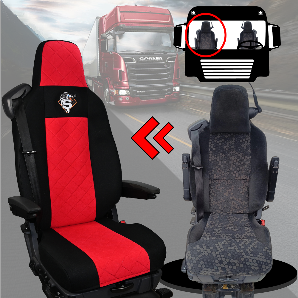 Pokrowce na fotele SCANIA seria R od 2013, seria S od 2017, fotele lotnicze 2 pasy, fotel kierowcy i pasażera PREMIUM - KONFIGURACJA D - CZERWONY SABA