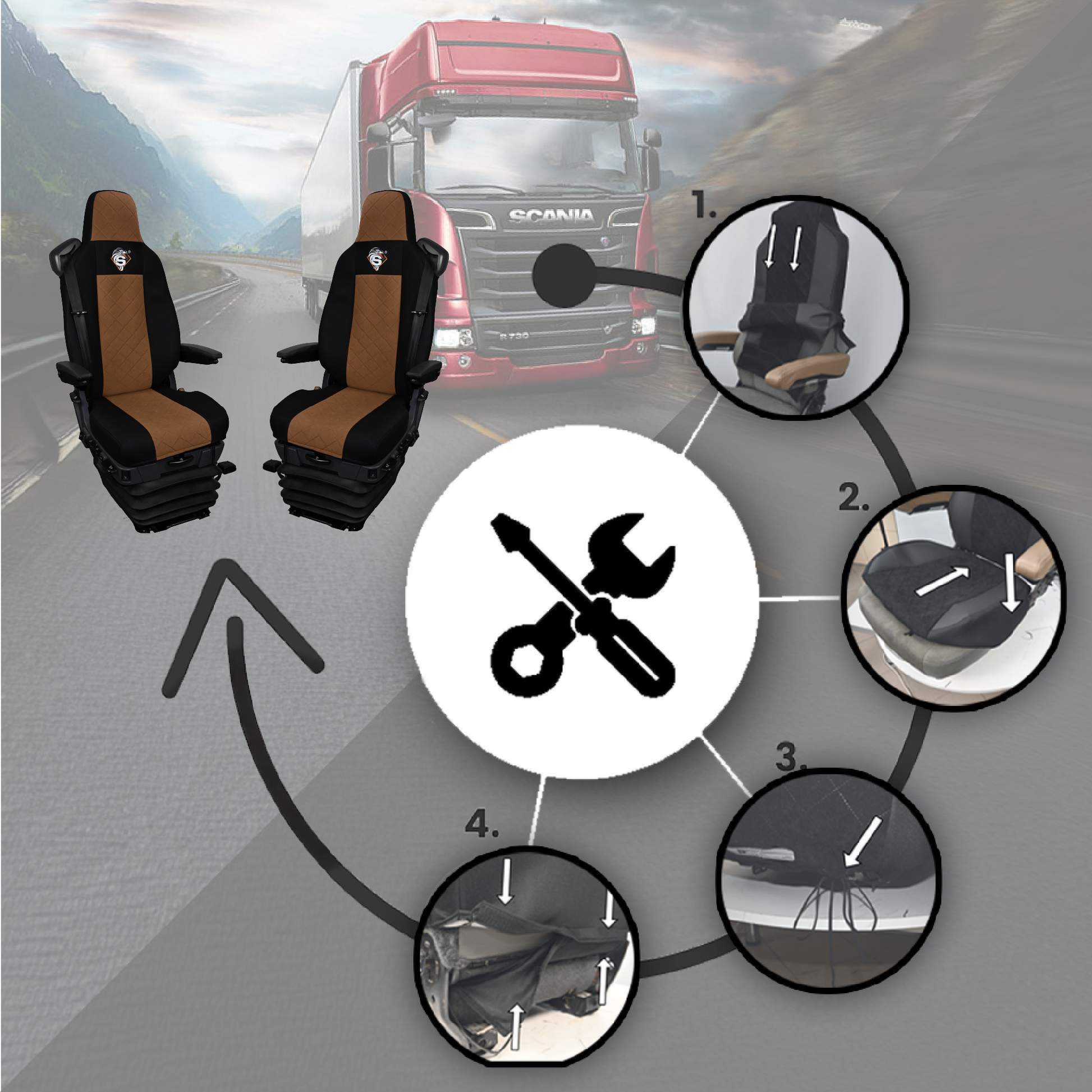 Pokrowce na fotele SCANIA seria R od 2013, seria S od 2017, fotele lotnicze 2 pasy, fotel kierowcy i pasażera PREMIUM - KONFIGURACJA D - BRĄZOWY SABA