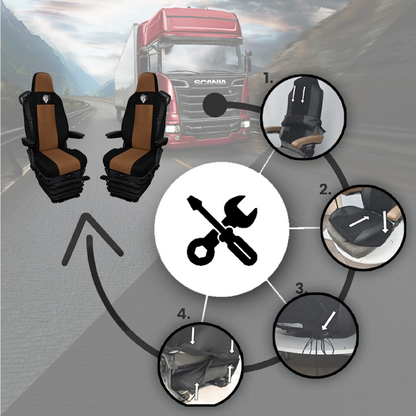 Pokrowce na fotele SCANIA seria R od 2013, seria S od 2017, fotele lotnicze 2 pasy, fotel kierowcy i pasażera PREMIUM - KONFIGURACJA D - BRĄZOWY SABA