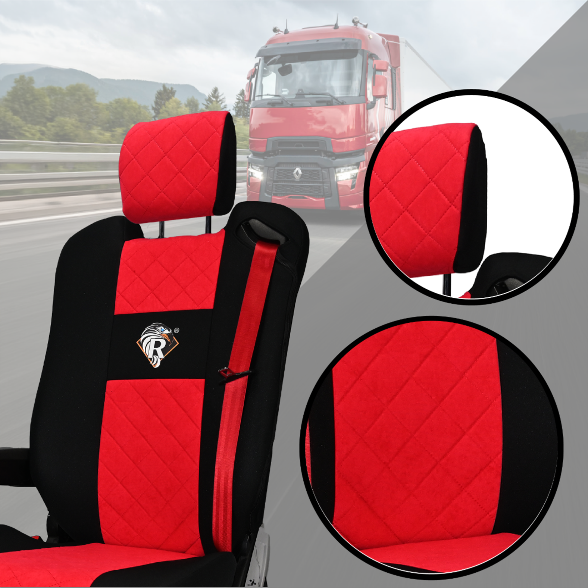 Pokrowce na fotele Renault Gama T od 2014 z zagłówkami regulowanymi 2 pasy CZERWONY SABA