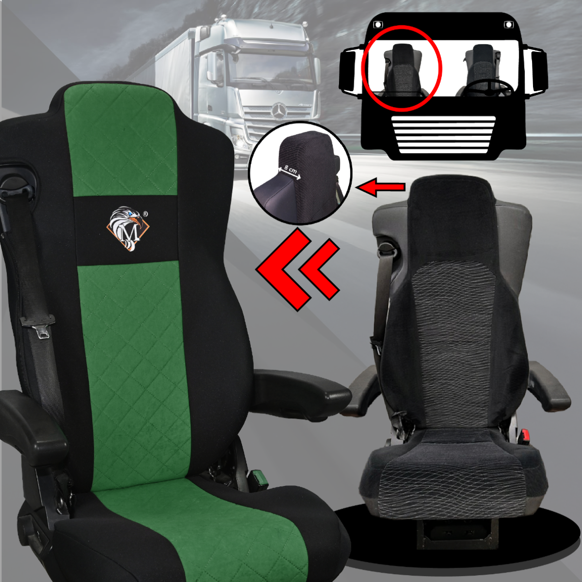 Pokrowce na fotele MERCEDES ACTROS MP4, AROX od 2011, MP5 od 2019 pasażer nieamortyzowany ZIELONY SABA