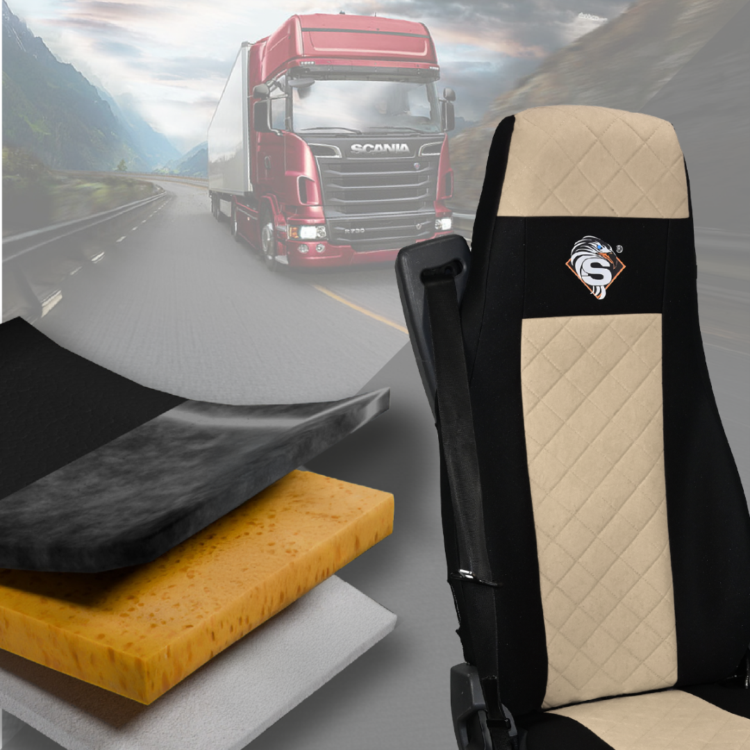 Pokrowce na fotele SCANIA seria R od 2013, seria S od 2017, fotele różne 2 pasy, fotel kierowcy PREMIUM, fotel pasażera BASIC - KONFIGURACJA E - BEŻ SABA