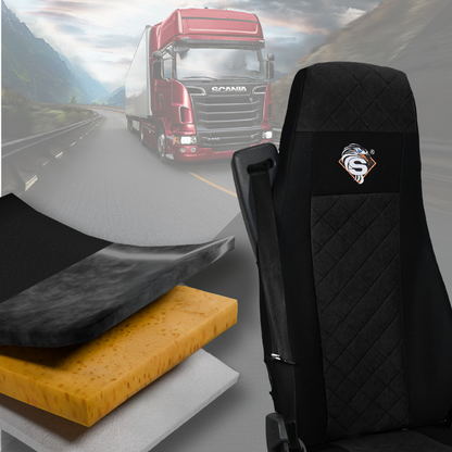 Pokrowce na fotele SCANIA seria R od 2013, seria S od 2017, fotele różne 2 pasy, fotel kierowcy PREMIUM, fotel pasażera BASIC - KONFIGURACJA E - CZARNY SABA