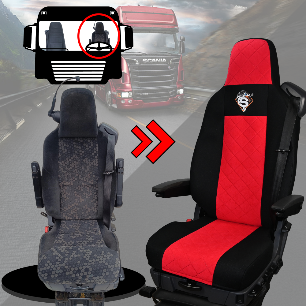 Pokrowce na fotele SCANIA seria R od 2013, seria S od 2017, fotele różne 2 pasy, fotel kierowcy PREMIUM, fotel pasażera BASIC - KONFIGURACJA E - CZERWONY SABA