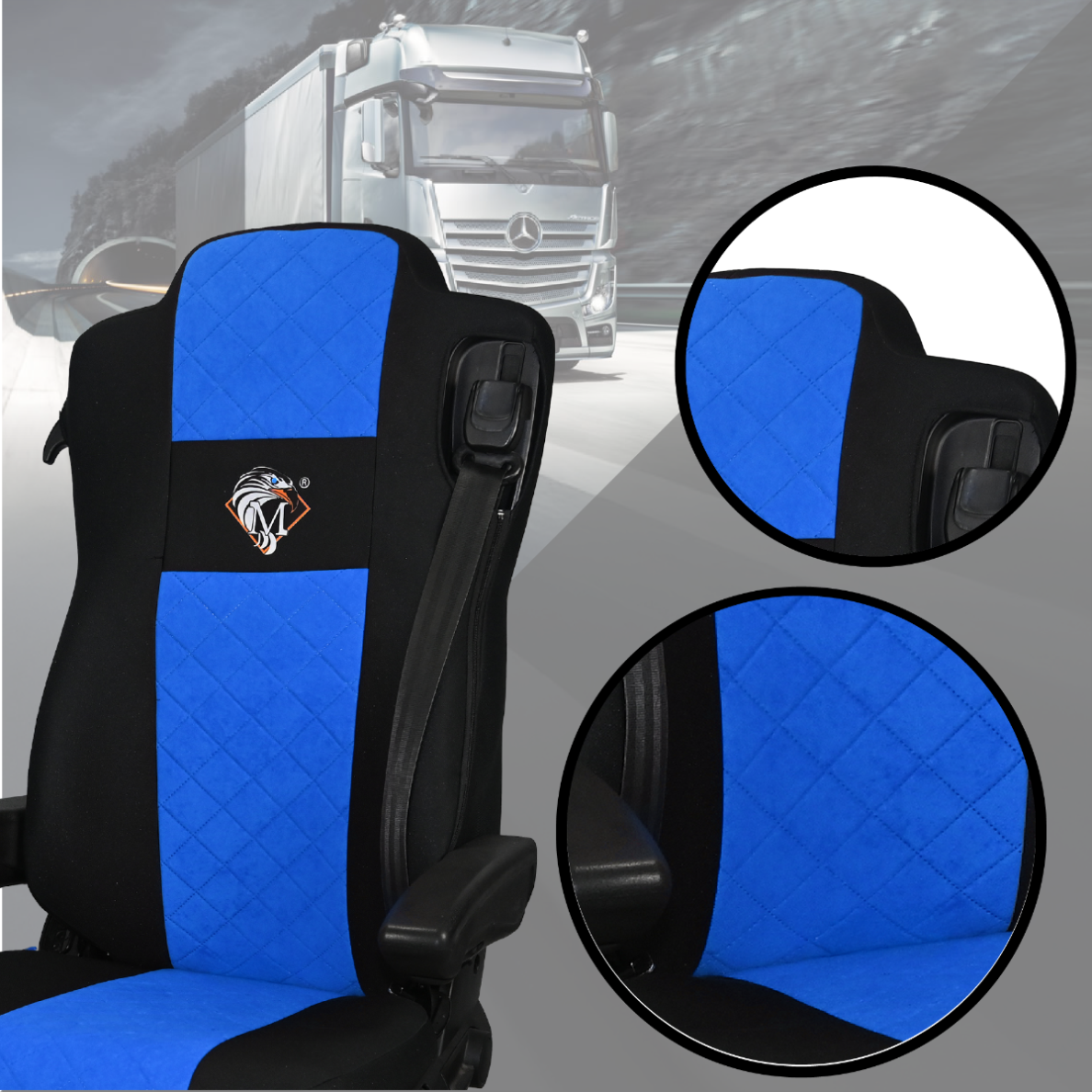 Pokrowce na fotele MERCEDES ACTROS MP4, AROX od 2011, MP5 od 2019 pasażer amortyzowany NIEBIESKI SABA